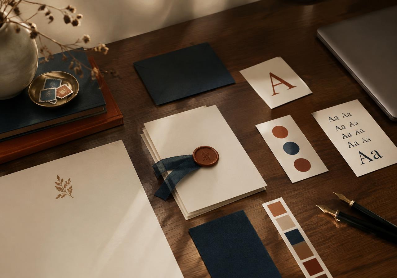 Letterpress stationery, a wax seal, typography cards and colour swatches on an author's desk