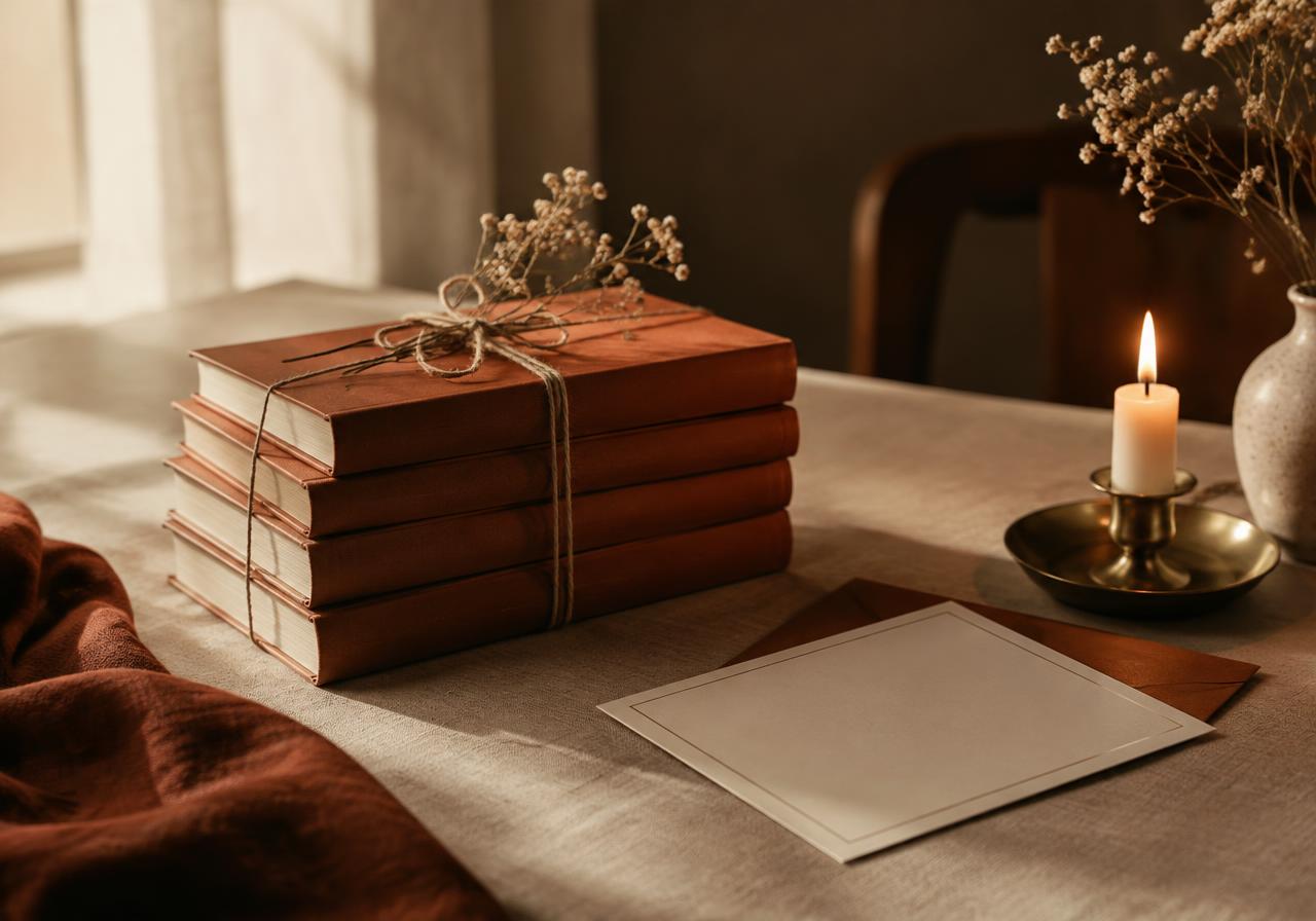 A stack of new hardcover books tied with twine beside a blank invitation card and candle