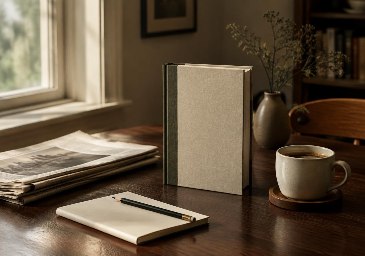 A hardcover book standing on a desk beside folded newspapers, a notebook and coffee