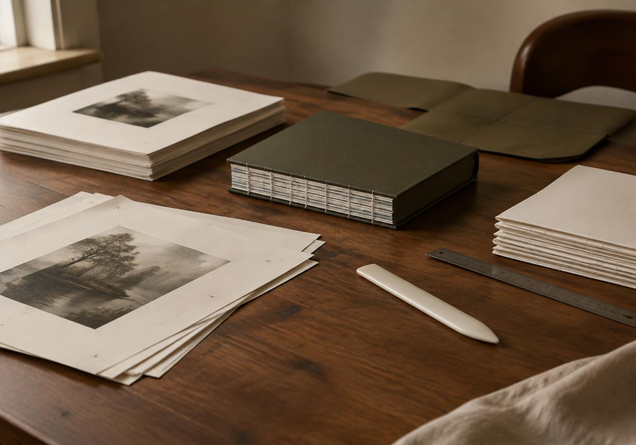 Printed book proofs, folded signatures, a bone folder and a stitched hardcover on a wooden table