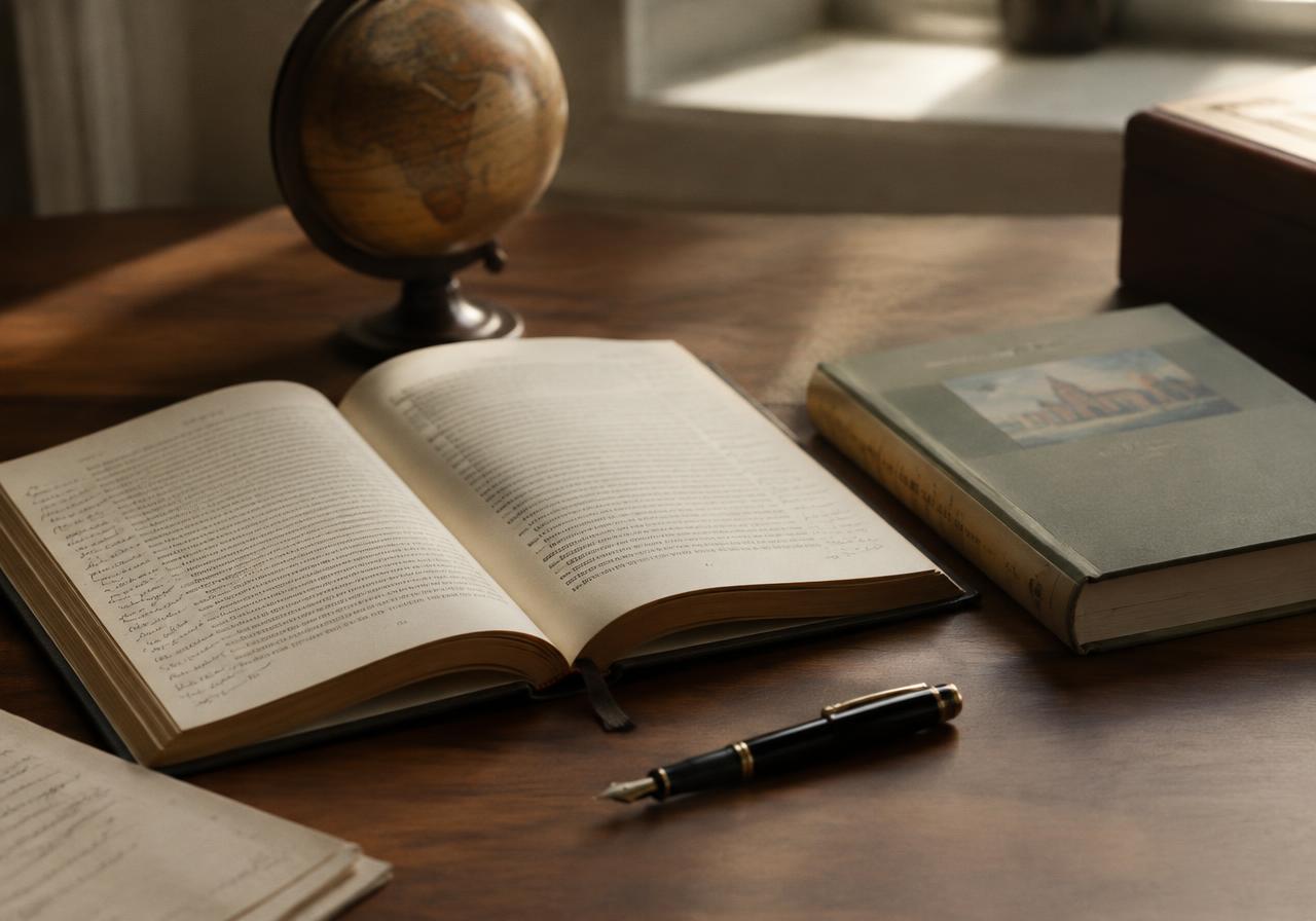 An open book beside a second edition, a fountain pen and an antique globe on a writing desk